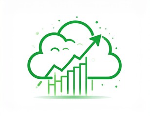 Minimalist line art illustration of a graph soaring upwards into a cloud, representing exponential growth and cloud computing, white background, clean vector style, vivid green color