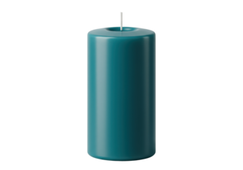 Teal pillar candle isolated on white, cylindrical wax candle with wick for home decor and ambient lighting