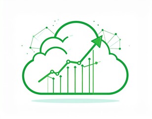 Minimalist line art illustration of a graph soaring upwards into a cloud, representing exponential growth and cloud computing, white background, clean vector style, vivid green color