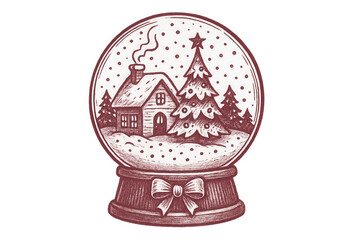 Hand drawing snow globe with winter village scene, christmas tree, and falling snow, transparent background