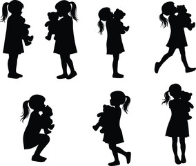 Girl silhouette holding teddy bear, child with toy, little girl hugging doll, childhood innocence, playtime, love, comfort, emotional bond