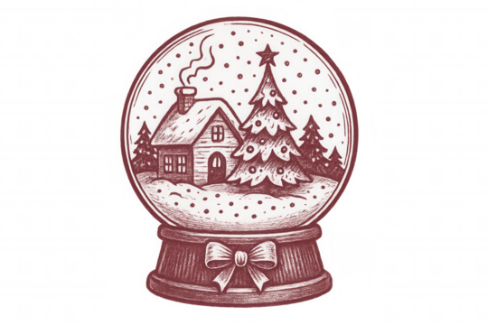Hand drawing snow globe with winter village scene, christmas tree, and falling snow, transparent background