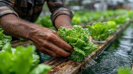 Harvesting Lettuce in Hydroponic System with Flowing Water and Wooden Supports