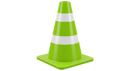 Lime green traffic cone PNG isolated on transparent background, safety equipment for road construction and hazard warning