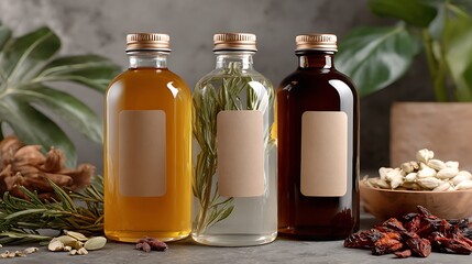 Bottles of herbal infusions with spices and herbs on table