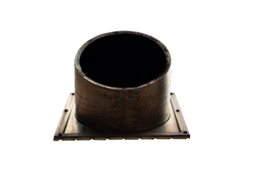 Front of large size aluminum ventilation pipe or air duct outlet isolated on cutout PNG or transparent background. Exhaust vent outlet or smoke on wall brick brown in industry.