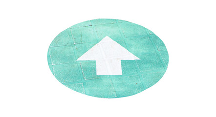 White arrow in circle green on ground square brick floor of sidewalk on side of road. Isolated on cut out PNG or transparent background. Temporary road marking or wayfinding symbol sign.