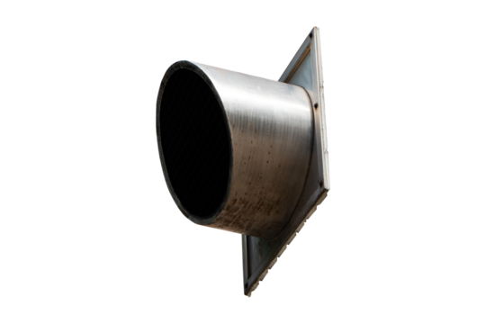 Side of large size aluminum ventilation pipe or air duct outlet isolated on cutout PNG or transparent background. Exhaust vent outlet or smoke on wall brick brown in industry.