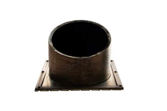 Front of large size aluminum ventilation pipe or air duct outlet isolated on cutout PNG or transparent background. Exhaust vent outlet or smoke on wall brick brown in industry.
