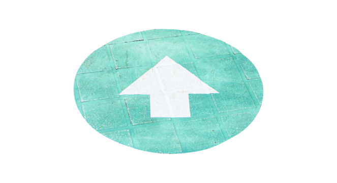 White arrow in circle green on ground square brick floor of sidewalk on side of road. Isolated on cut out PNG or transparent background. Temporary road marking or wayfinding symbol sign.