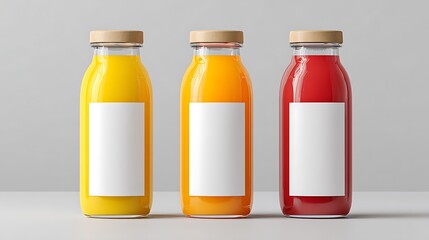 Three bottles of juice with blank labels on a white surface