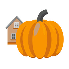 Large Orange Pumpkin and House Icon. Fall Real Estate, Harvest, or Halloween Vector.
