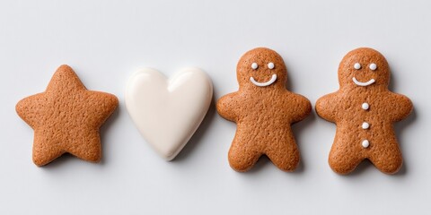 Festive Gingerbread Men Heart and Star Cookies on White Background