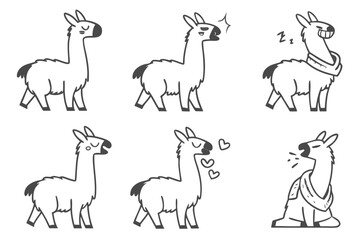Fototapeta premium Minimalist cartoon llama icon set with vibrant colors