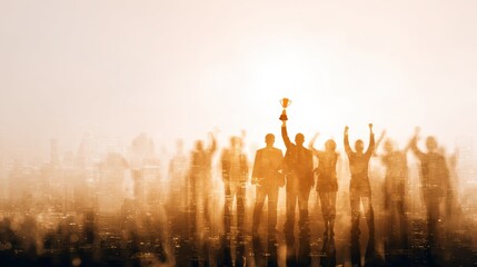 Silhouettes of a business team raising a trophy against glowing city lights, symbolizing success, victory, and achievement.