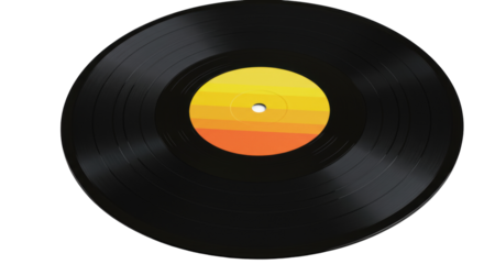 Black vinyl record isolated on white, vintage music disc with colorful label for audio and entertainment purposes PNG