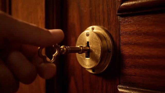 Hand turning key unlocking antique wooden door in warm light