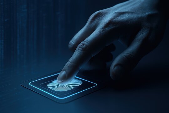 Close-up of finger pressing biometric fingerprint scanner for secure authentication, representing cybersecurity, data protection, and digital identity verification in technology environments.