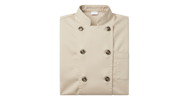 Beige chef coat isolated on white, professional kitchen uniform for culinary arts and restaurant work PNG