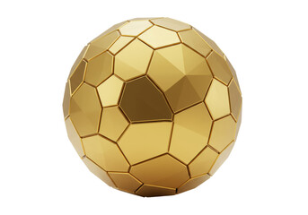 Golden geometric sphere isolated on transparent background, polygonal ball with metallic texture for abstract design and decoration