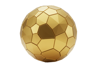 Golden geometric sphere isolated on transparent background, polygonal ball with metallic texture for abstract design and decoration