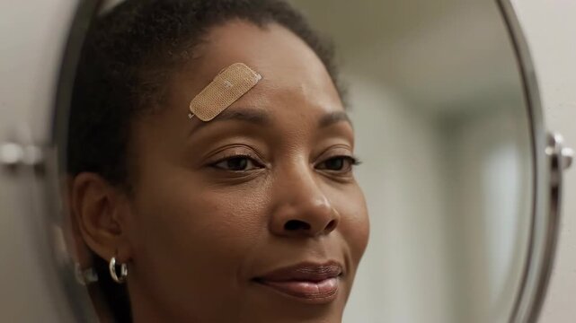 Woman With Bandage Looks in Mirror for Wound Healing at Home