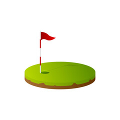 Golf hole with flag. Cartoon style. Golfing elements. Red flag, hole and grass. Vector illustration.