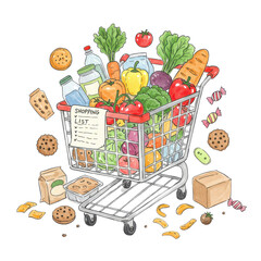 Shopping cart filled with groceries and shopping list isolated PNG with Transparent Background