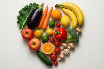 Heart-shaped food layout with vegetables and fruits including bananas, peppers, spinach, broccoli, and mushrooms on white.