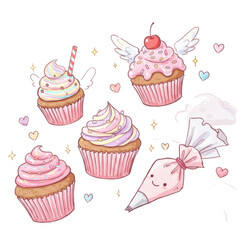 Pastel-colored cupcakes with wings and piping bag vector illustration isolated PNG with Transparent Background