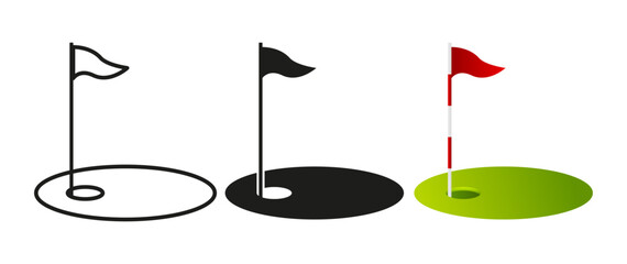 Golf hole with flag. Cartoon style. Golfing elements. Red flag, hole and grass. Vector illustration.