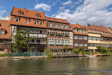 Colored houses in Klein-Venedig (Little Venice), historic quarter on the shore of Regnitz river. Bamberg, Bavaria, Germany