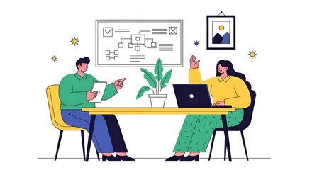 Business Meeting Two Colleagues Collaborating on a Project at the Office