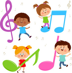 Kids singing and playing with musical notes. Boys and girls musical school activity. Children play music. Little kids sing and dance with friends together. Vector Illustration