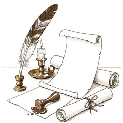Scroll with feather quill and candle sketch illustration isolated PNG with Transparent Background