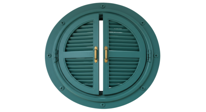 Round teal porthole window with louvers isolated, nautical decor element for coastal design and maritime themes PNG
