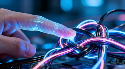 Futuristic human-computer interface showing a digital finger touching a tangled network of glowing data cables