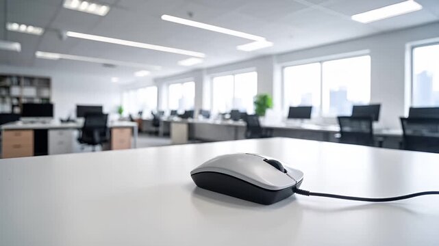 オープンオフィスが柔らかくぼけた背景に、前景のクリーンなデスク上には有線マウスが置かれています。背景は柔らかく、デジタル作業、タイピング、集中作業、リモートワーク、オフィス環境、仕事効率のイメージに最適です。