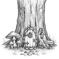 Fairytale tree house with welcome sign and mushroom isolated PNG with Transparent Background