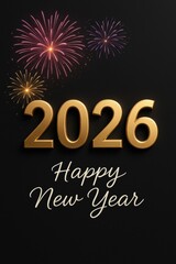 Golden 2026 numbers with Happy New Year message and fireworks on elegant black background.