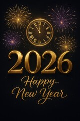 Elegant golden clock showing midnight above 2026 New Year message with fireworks on black background.