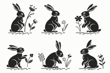 Cute sitting rabbit minimalist icon set