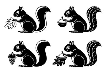 Cute squirrel holding acorn icon set with vibrant colors
