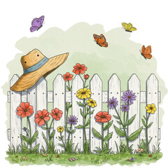 Summer garden illustration with flowers, butterflies, and a hat on a picket fence isolated PNG with Transparent Background