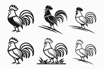Minimalist decorative rooster icon set in black and yellow