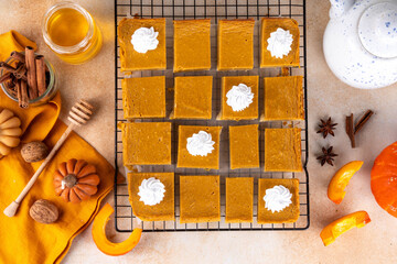 Homemade autumn taste pumpkin pie bars