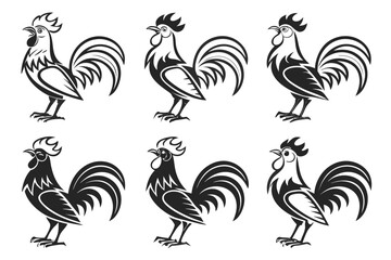 Minimalist decorative rooster icon set in black yellow cyan magenta