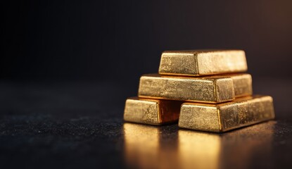 Stack of Gold Bars Reflecting Light on Dark Surface.