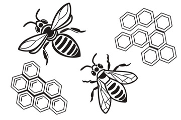 Detailed bee and honeycomb icon set with black and yellow colors