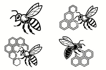 Detailed bee and honeycomb icon set